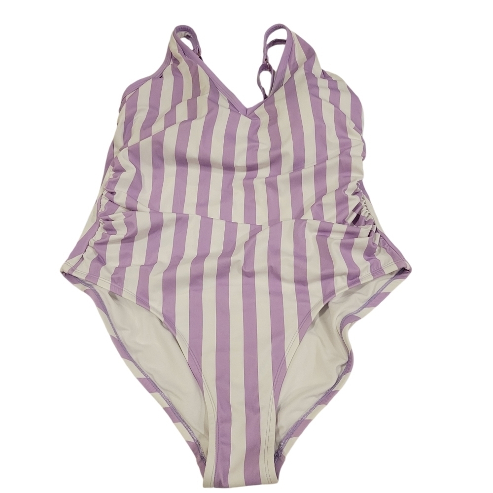 EUC | Kona Sol | Cabana Stripe One-Piece Swimsuit | Lavender and White | 18W
